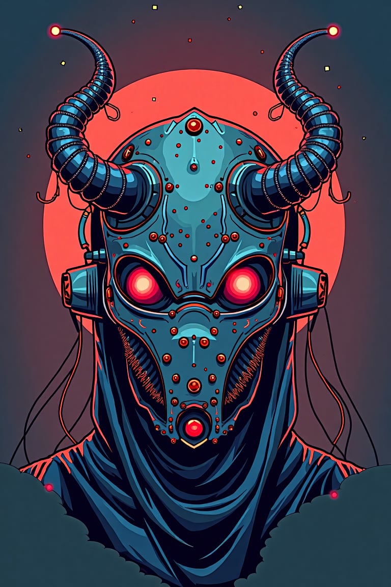 aesthetic, A fascinating and mysterious digital illustration
lightweight design, intricate details, simple background,
(S1n0z1ck style) An illustrated image of a cybernetic mask with horns. flat color