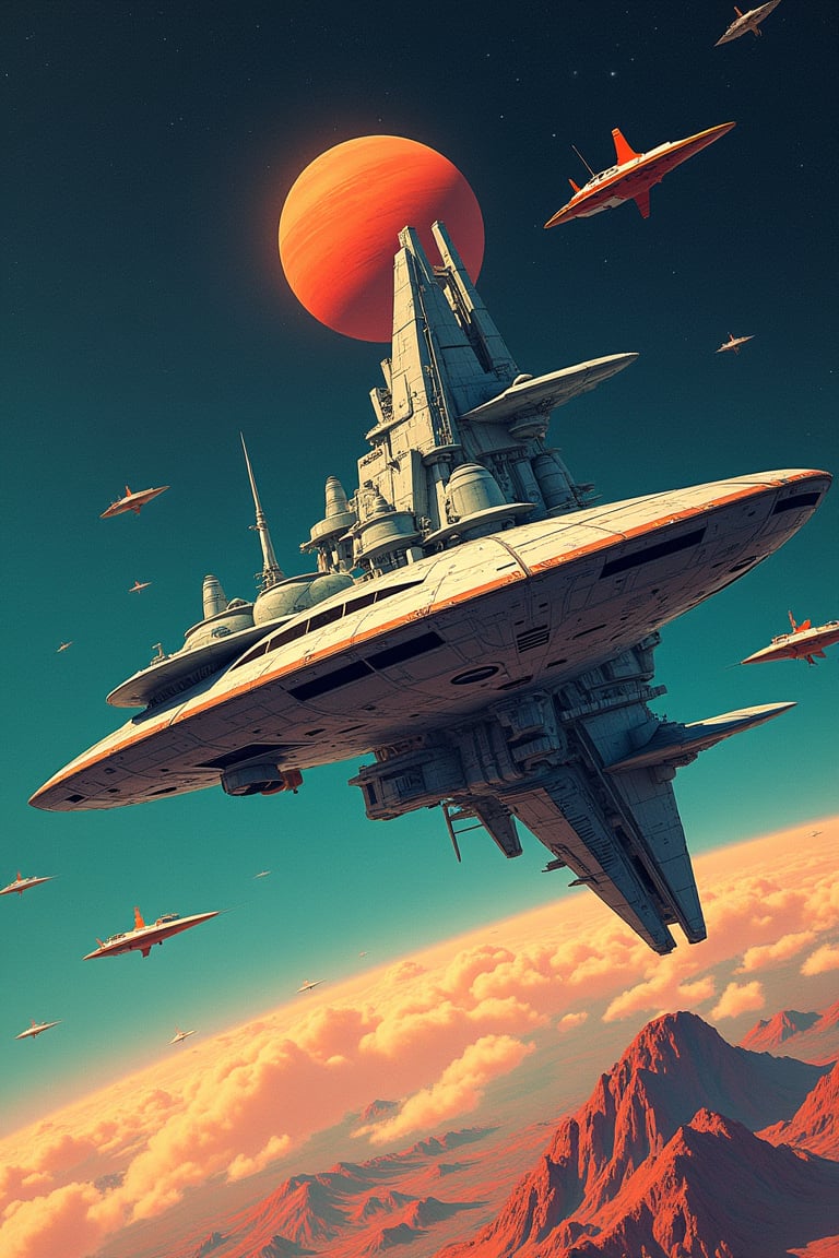 A futuristic space station orbiting a planet, with gravity-defying architecture and transport pods zooming between modules, ship as cover illustration, pop art style, pop art style.