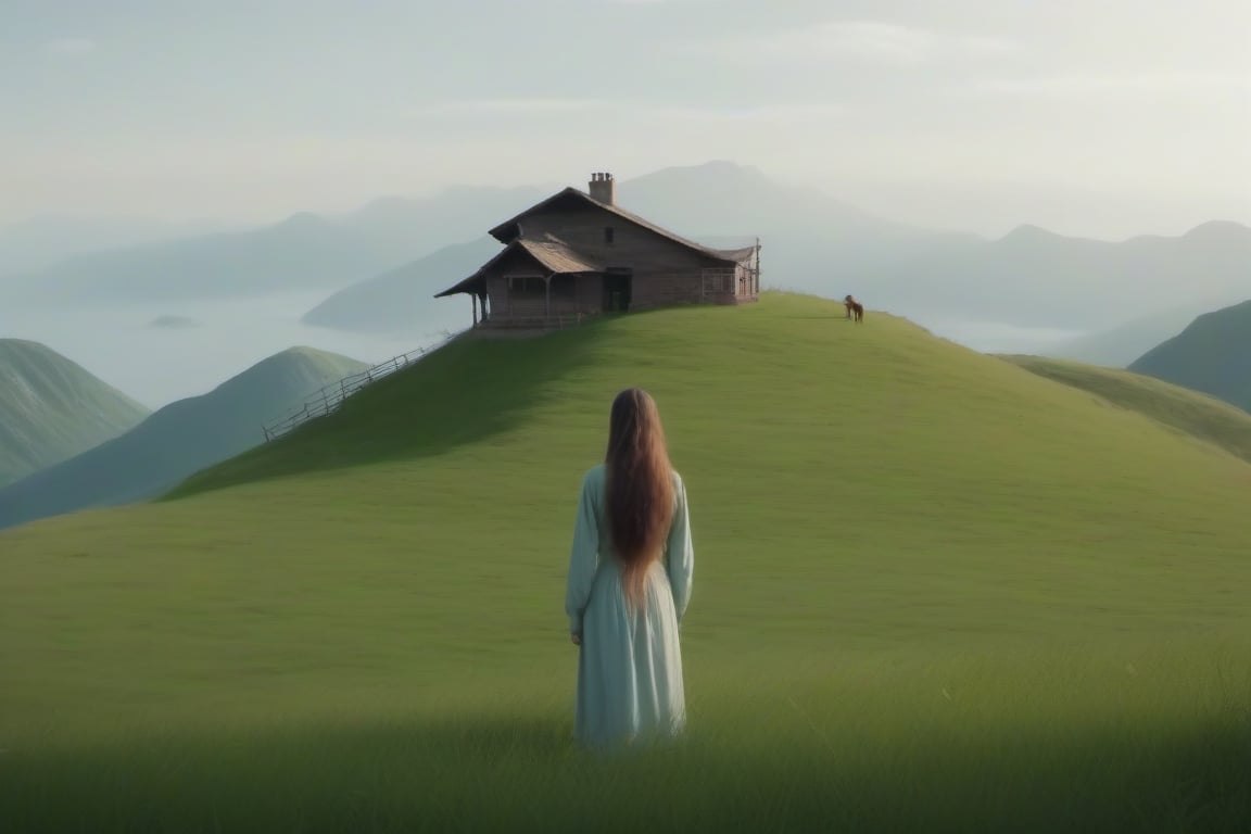 A lonely house on the top of a lonely short mountain. Green grass everywhere, a small rever  besides the mountain and a horse and a beautiful  girl standing there. She looks beautiful long hair, torso up.