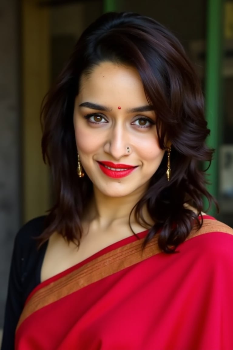 High quality ultrasharp passport photo of a woman shraddha wearing red saree and black blouse looking directly at the camera with her mouth closed and a neutral face expression. 