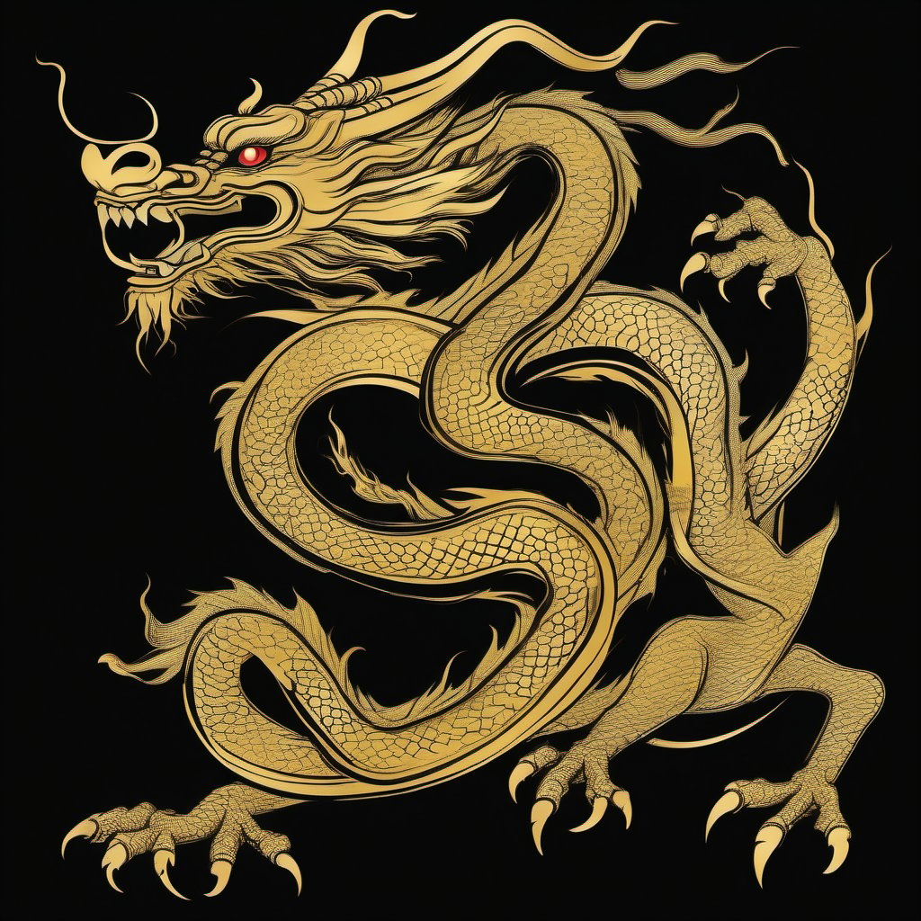 Stylized Chinese dragon in full gold color, single stroke of gold paint, black background, design for kung fu taiji quan jacket