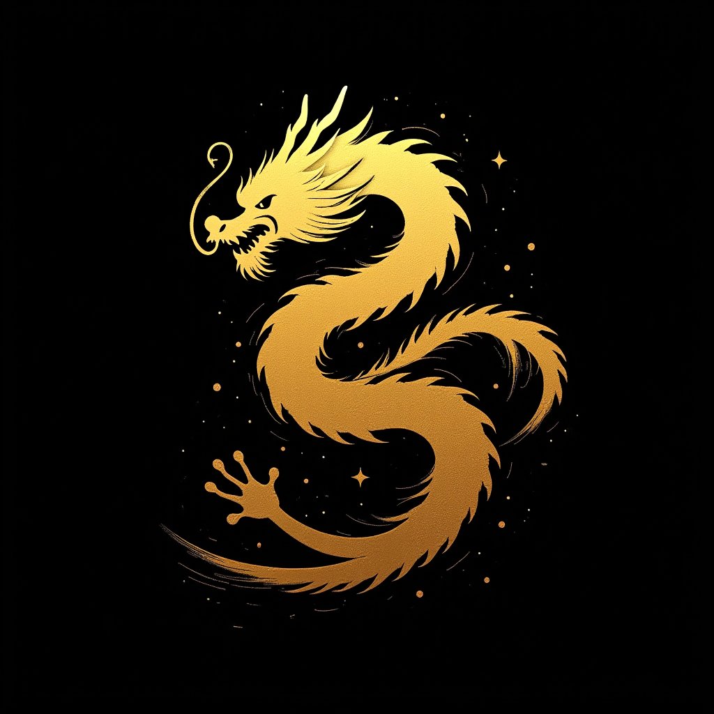 Stylized Chinese dragon in full gold color, single stroke of gold paint, black background, design for kung fu taiji quan,elegant, simple, aggressive, attractive,Americunt9