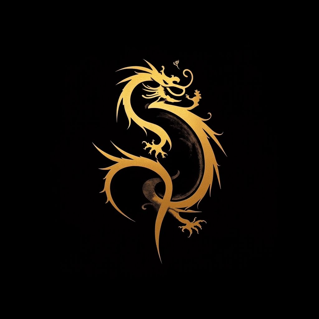 Stylized Chinese dragon in full gold color, single stroke of gold paint, black background, design for kung fu taiji quan,elegant, simple, aggressive, attractive,Americunt,AsirMinimalistlogoflux,LogoMinimalist