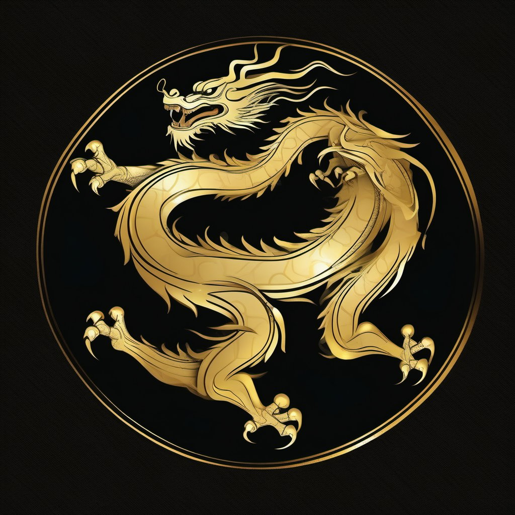 Stylized Chinese dragon in full gold color, single stroke of gold paint, black background, design for kung fu taiji quan,elegant, simple, aggressive, attractive