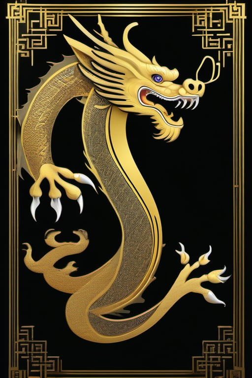 Stylized Chinese dragon in full gold color, single stroke of gold paint, black background, design for kung fu taiji quan jacket