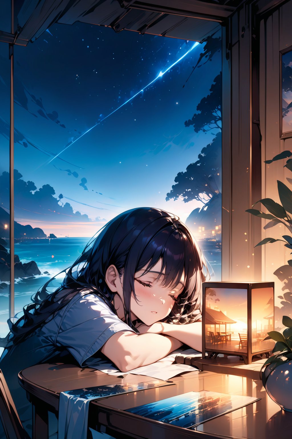 Official art, high quality, production art, novel illustration, best, high resolution, best quality, award-winning, highly detailed, masterpiece, by famous artist, hyper extreme detailed, silhouette of a woman sleeping face down with arms folded, inside the silhouette you can see the double exposure with an image strongly emphasizing a serene night scene at the seaside, closed eyes, masterpiece, ((double exposure)), proportional, DOUBLE EXPOSURE, Ink art, with a clear focus on the nighttime atmosphere as the backdrop and emotional landscape.