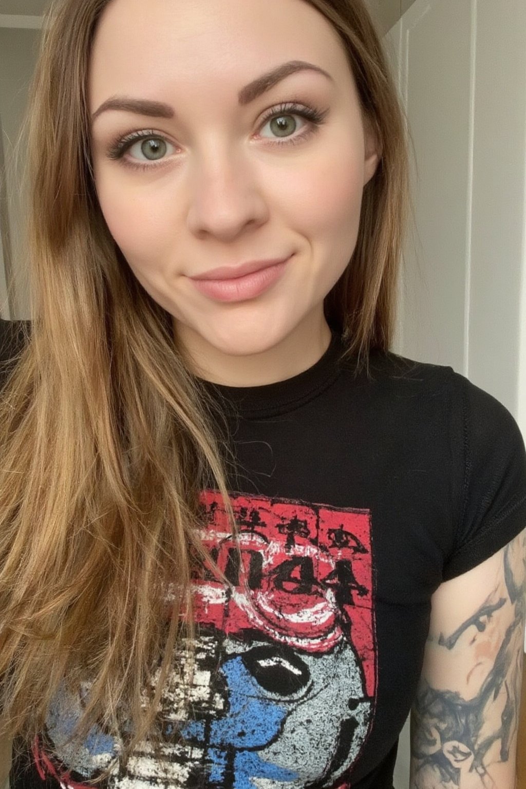 A close-up photo of a 30yo metalhead woman with very long hair.
She wears a tight fitted graphical tee made from smooth stretch fabric. 