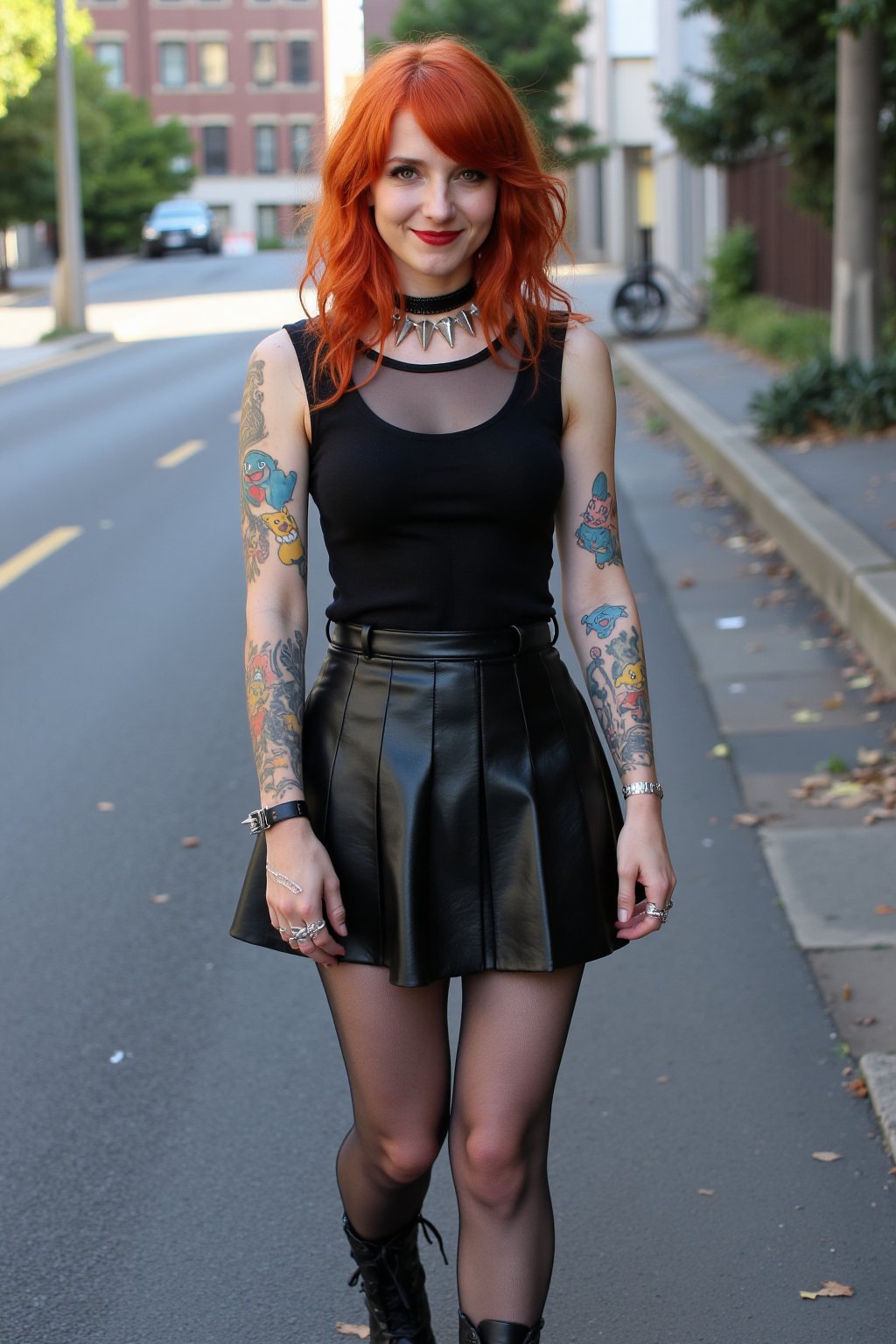 A high-resolution photograph of a 30-year-old red-haired goth woman, standing confidently and smiling subtly. She wears a short black leather pleated skirt, with a slight sheen that catches the light, emphasizing its sleek, edgy texture. Her top is a black sleeveless design with strategically placed mesh panels, revealing subtle hints of skin across her shoulders and chest for an alluring yet sophisticated look. The fabric blends solid black sections with delicate mesh, adding dimension and a modern gothic touch.

She pairs this outfit with sheer black stockings that accentuate her legs and display her colorful tattoos. On her feet, she wears lace-up black leather boots, adding a bold, rugged edge to her look. Her makeup is striking, with vibrant red lipstick that contrasts beautifully with her fair skin, and subtle smoky eyeshadow that enhances her gaze. She accessorizes with silver jewelry, including rings on multiple fingers and a spiked choker necklace, enhancing her gothic aesthetic.

Intricate, colorful tattoos of various Pokémon characters cover her arms, neck, and legs, blending vibrant, playful designs with her dark, edgy outfit. The tattoos are highly detailed, featuring popular Pokémon in bright colors that stand out against her overall look.

She stands on an asphalt street in an urban setting, illuminated by natural daylight. The light highlights her red hair, tattoos, and outfit, creating a striking contrast against the gritty street backdrop. Subtle details, like scattered leaves and faint street markings, add to the urban, modern feel of the scene.