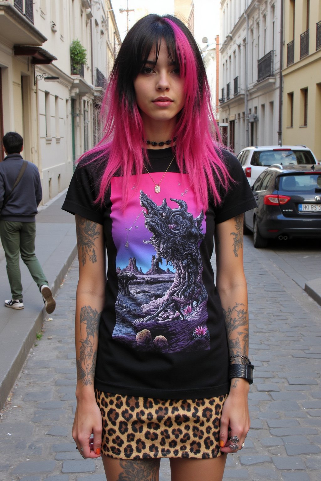 a vibrant pink and black haired 30yo woman stands on a cobblestone street. She is dressed in a short-sleeved tight fitted t-shirt. The t-shirt has a print with a surreal alien landscape in the style of HR Giger. She also wears a short animal print pencil skirt. Her arms are adorned with tattoos, adding a pop of color to her outfit. The woman's hair is cascading down her shoulders, framing her face. In The background a few cars are parked on the side of the street.