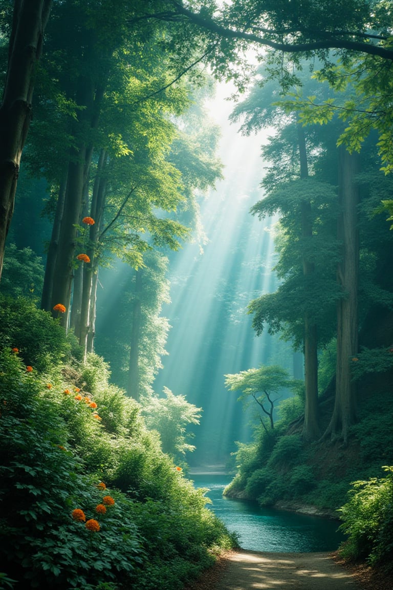 Fantasy forest, giant trees, flying flowers, fantastic things, spooky, horror, plants, bugs, light filtered through the trees, leaves, paths, river, enchanted (((Masterpiece))),noc-landscape