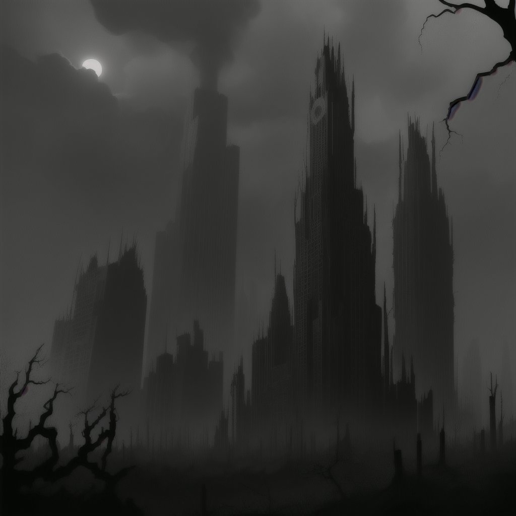 draw, dark comic style, gray city rising into the smoky sky, ugly and gloomy towers blocking the sun, withered plants and trees,  dark, sinister atmosphere, 