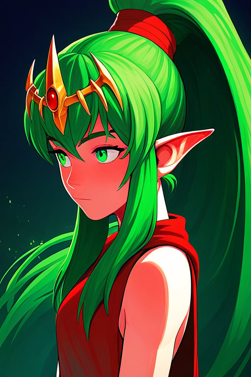  Tiki, pointy ears, very long hair, green hair, green eyes, ponytail, tiara,score_9,score_8_up,score_7_up,source_anime