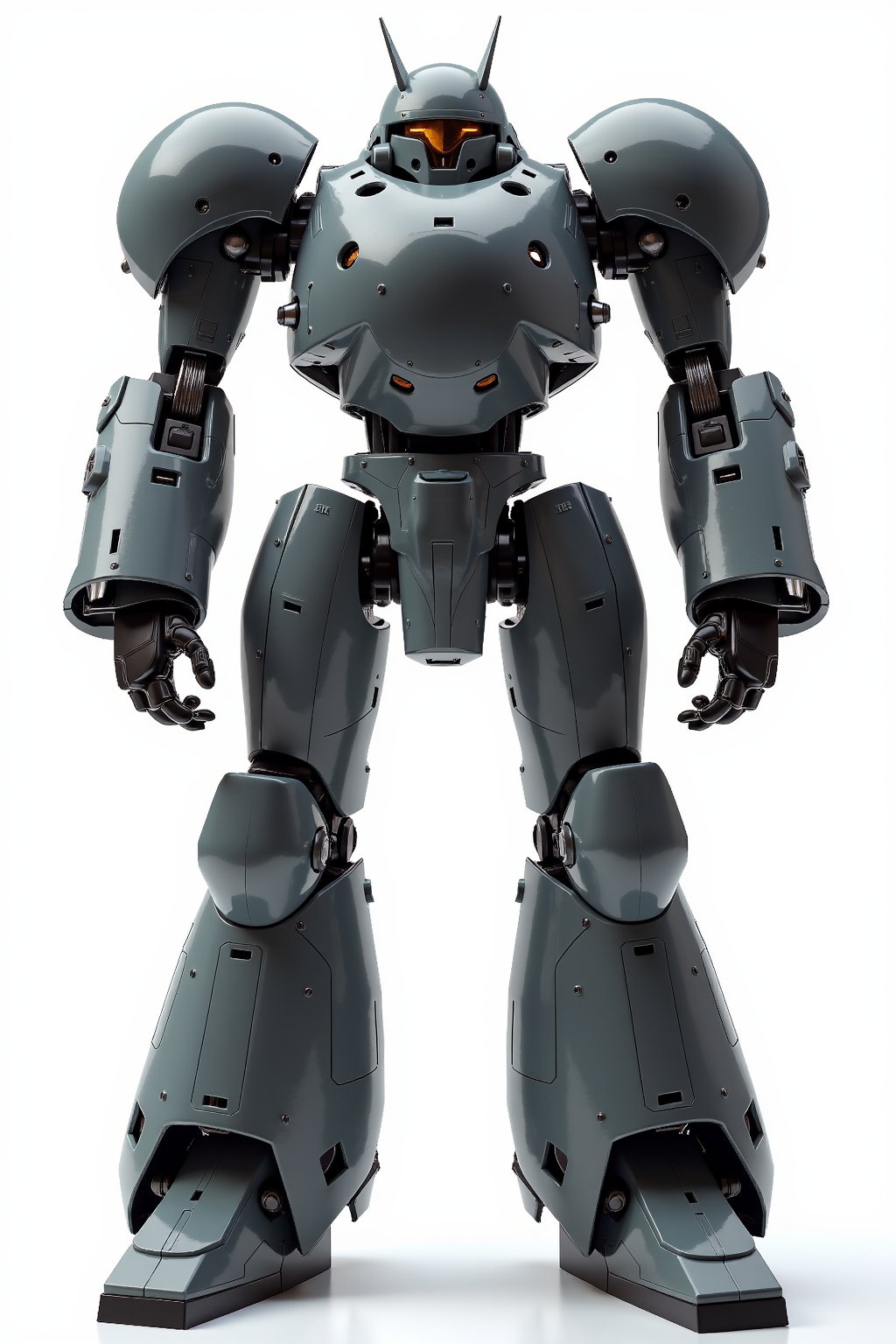 Full body image of Robotech battledroid with dark grey armour, very detailed armour plating, Its rounded helmet like head and large rounded shoulders, Facing the camera, Standing on a plain white background, very elaborate and detailed, very fine details, very contrasted shadows, overhead lighting,MECH,COMBAT ARMOR