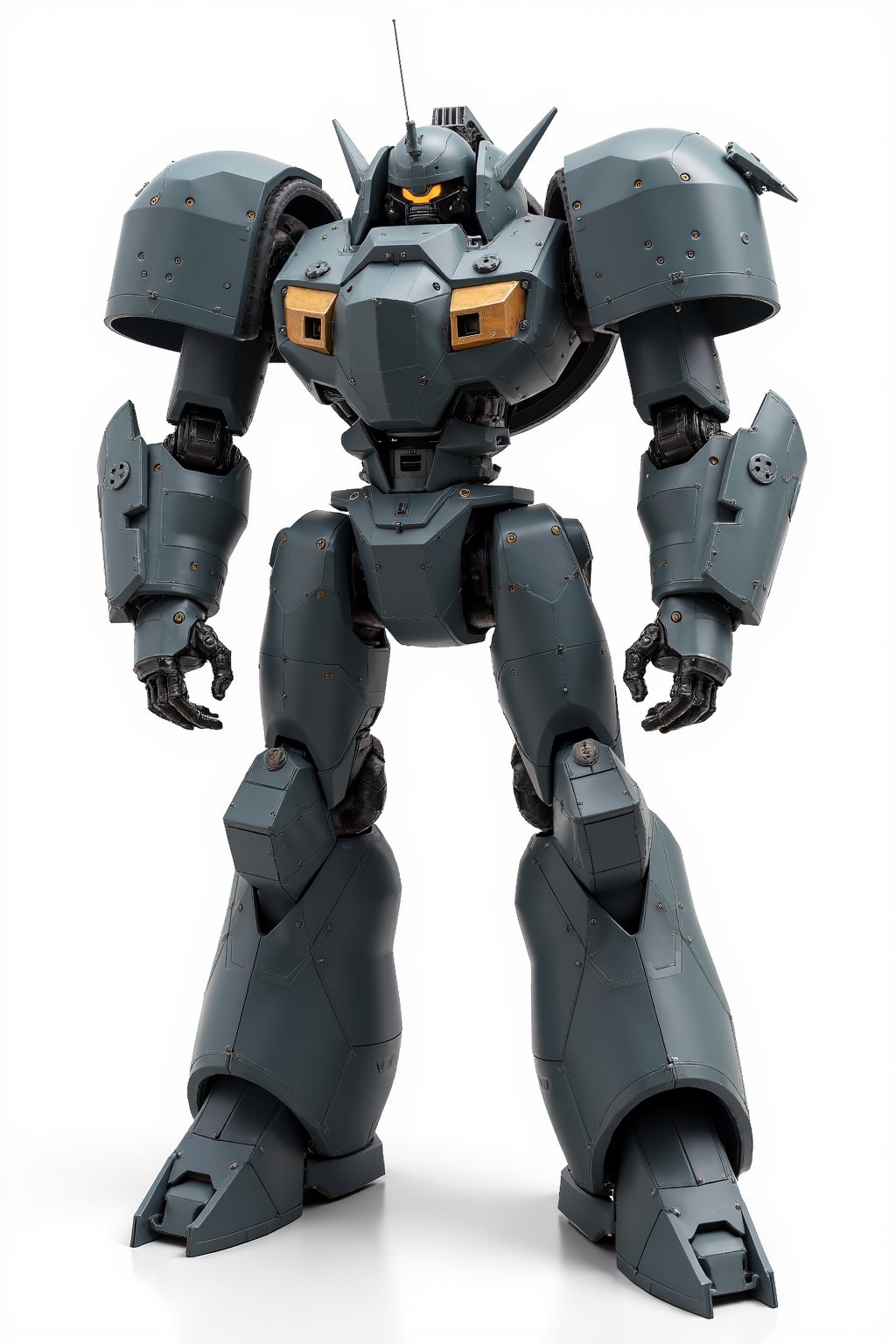 Full body image of Robotech battledroid with dark grey armour, very detailed metal armour plating, Its rounded helmet like head and large rounded shoulders, Facing the camera, Standing on a plain white background, very elaborate and detailed, very fine details, very contrasted shadows, overhead lighting,MECH,COMBAT ARMOR