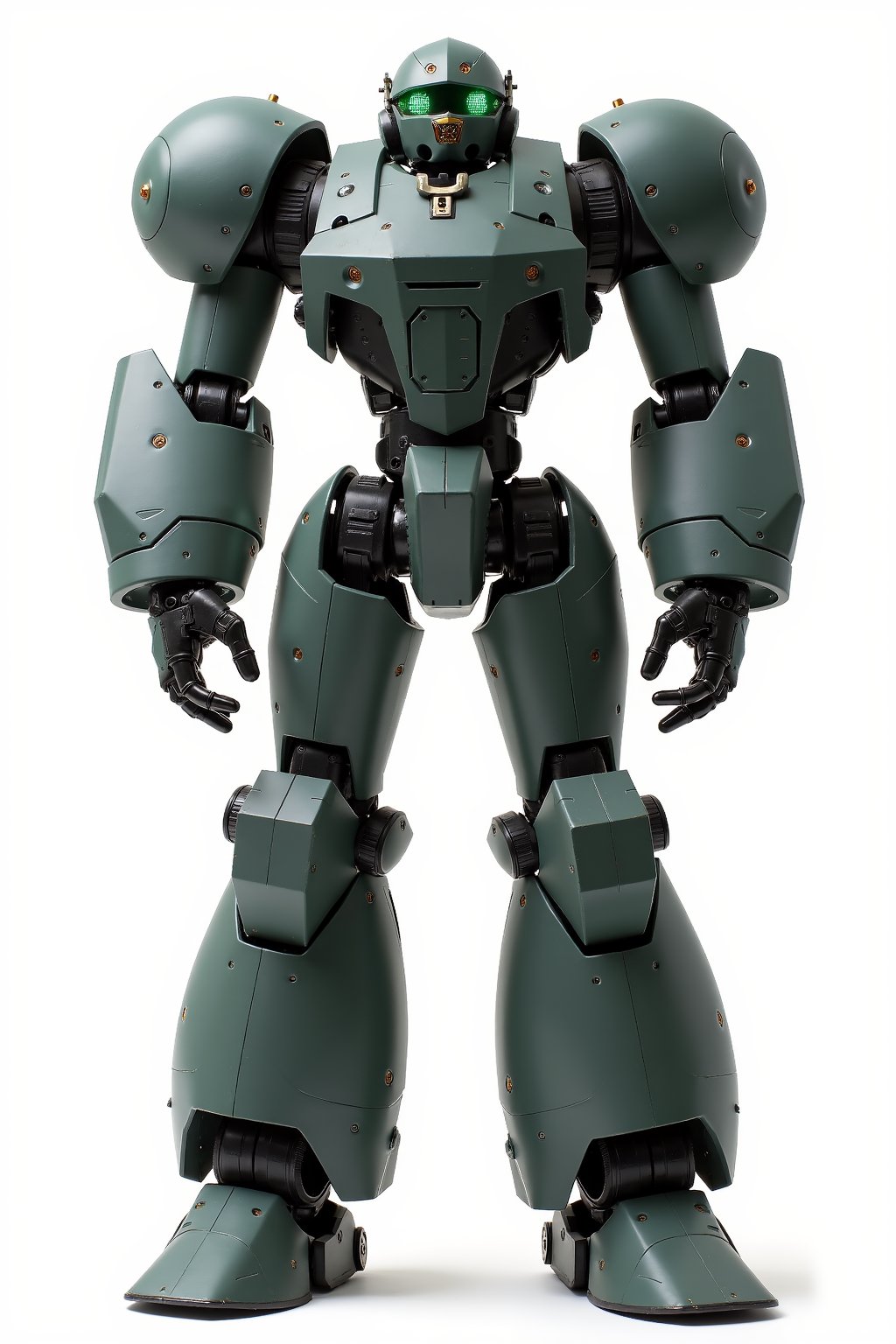 Full body image of Robotech battledroid in its humanoid form with dark grey, green and black colors, Its rounded helmet like head and large rounded shoulders, Facing the camera, Standing on a plain white background, very elaborate and detailed, very fine details, very contrasted shadows, overhead lighting,MECH,COMBAT ARMOR