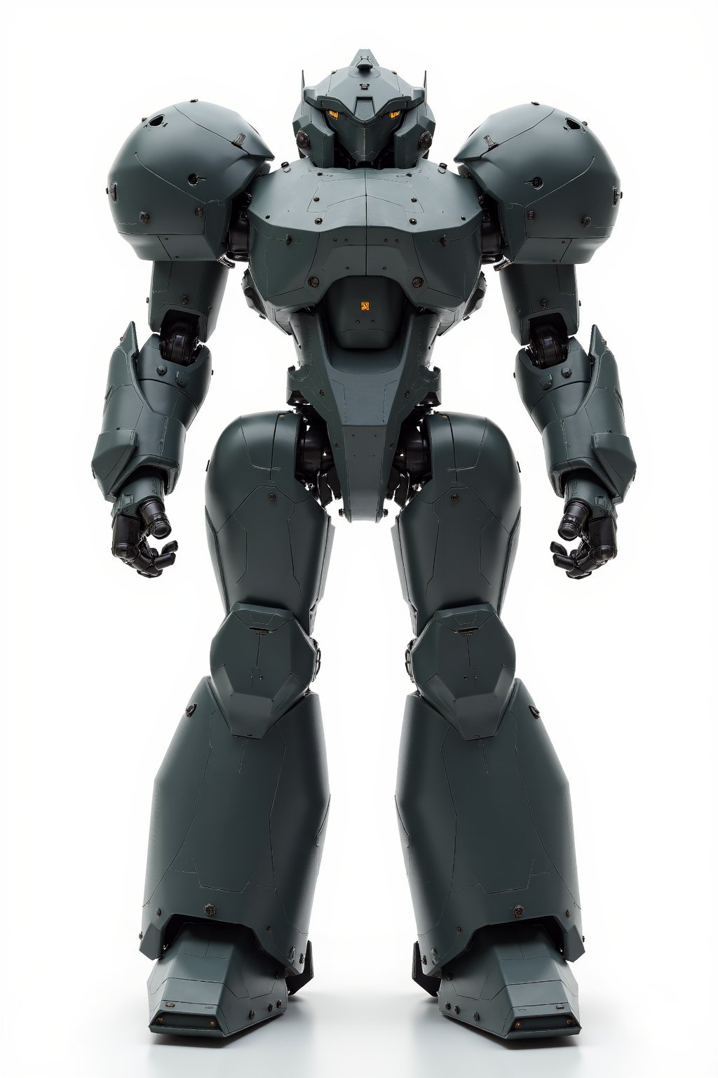 Full body image of Robotech battledroid with dark grey armour, very detailed metal armour plating, Its rounded helmet like head and large rounded shoulders, Facing the camera, Standing on a plain white background, very elaborate and detailed, very fine details, very contrasted shadows, overhead lighting,MECH,COMBAT ARMOR