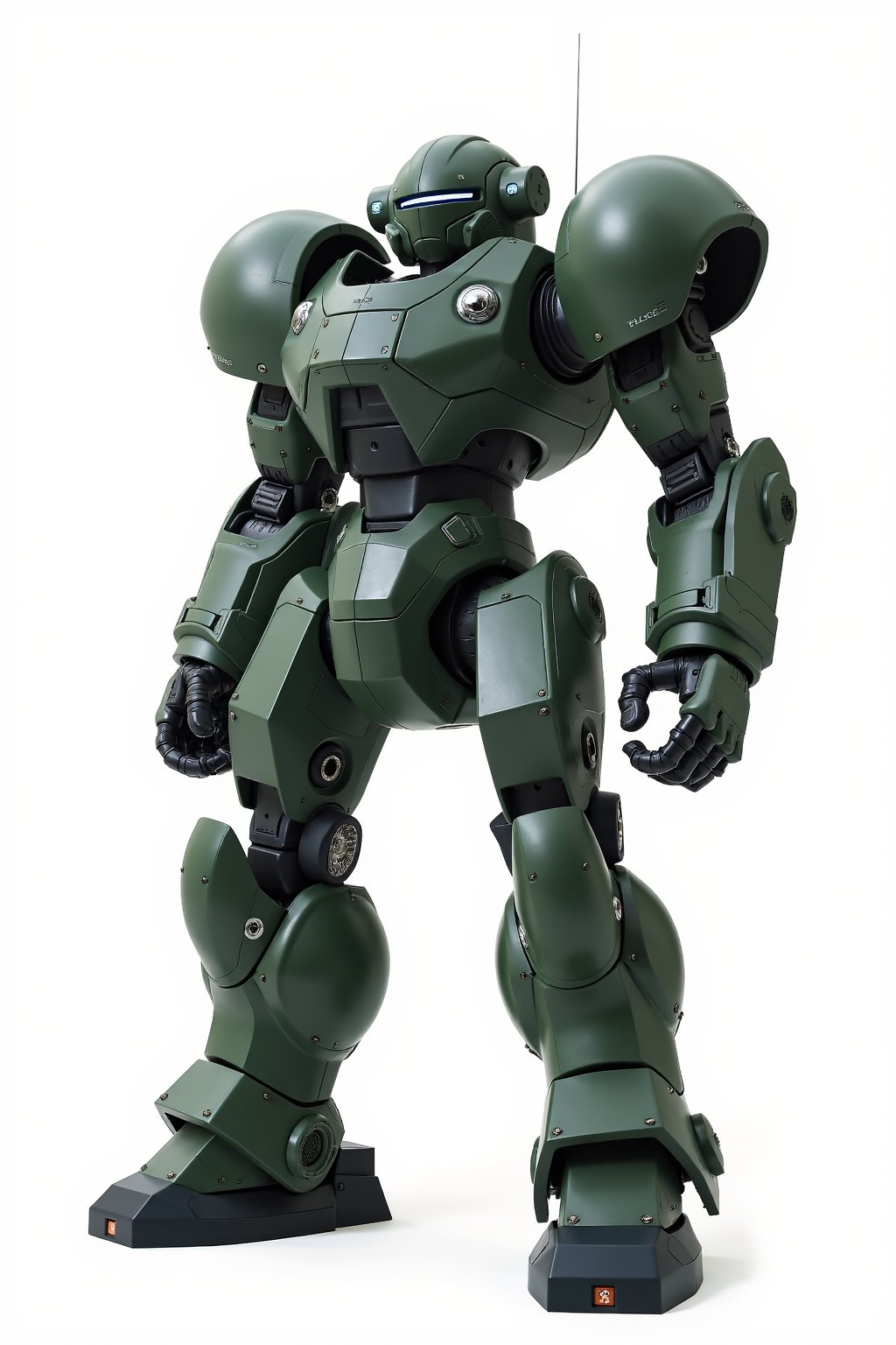 Full body image of Robotech battledroid in its humanoid form with dark grey, green and black colors, Its rounded helmet like head and large rounded shoulders, Facing the camera, Standing on a plain white background, very elaborate and detailed, very fine details, very contrasted shadows, overhead lighting,MECH,COMBAT ARMOR