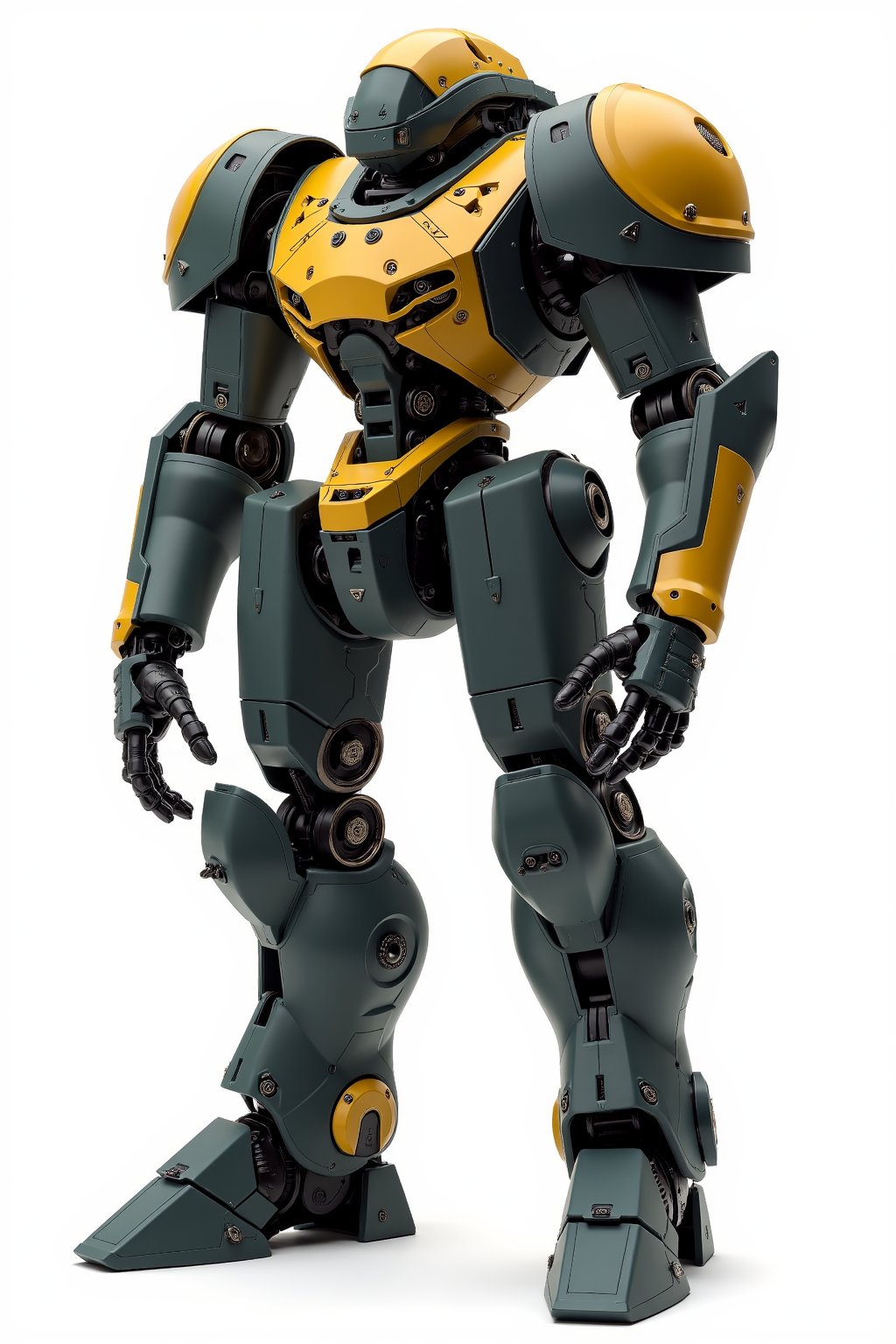 Full body image of Macroos battledroid in its humanoid form with dark grey, yellow and black colors, Its rounded helmet like head and large rounded shoulders, Standing on a plain white background, very elaborate and detailed, very fine details, very contrasted shadows, overhead lighting,MECH,COMBAT ARMOR