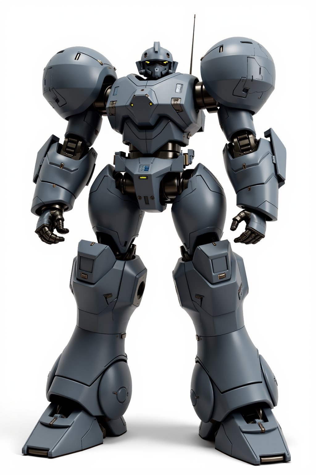 Full body image of Robotech battledroid with dark grey armour, very detailed metal armour plating, Its rounded helmet like head and large rounded shoulders, Facing the camera, Standing on a plain white background, very elaborate and detailed, very fine details, very contrasted shadows, overhead lighting,MECH,COMBAT ARMOR