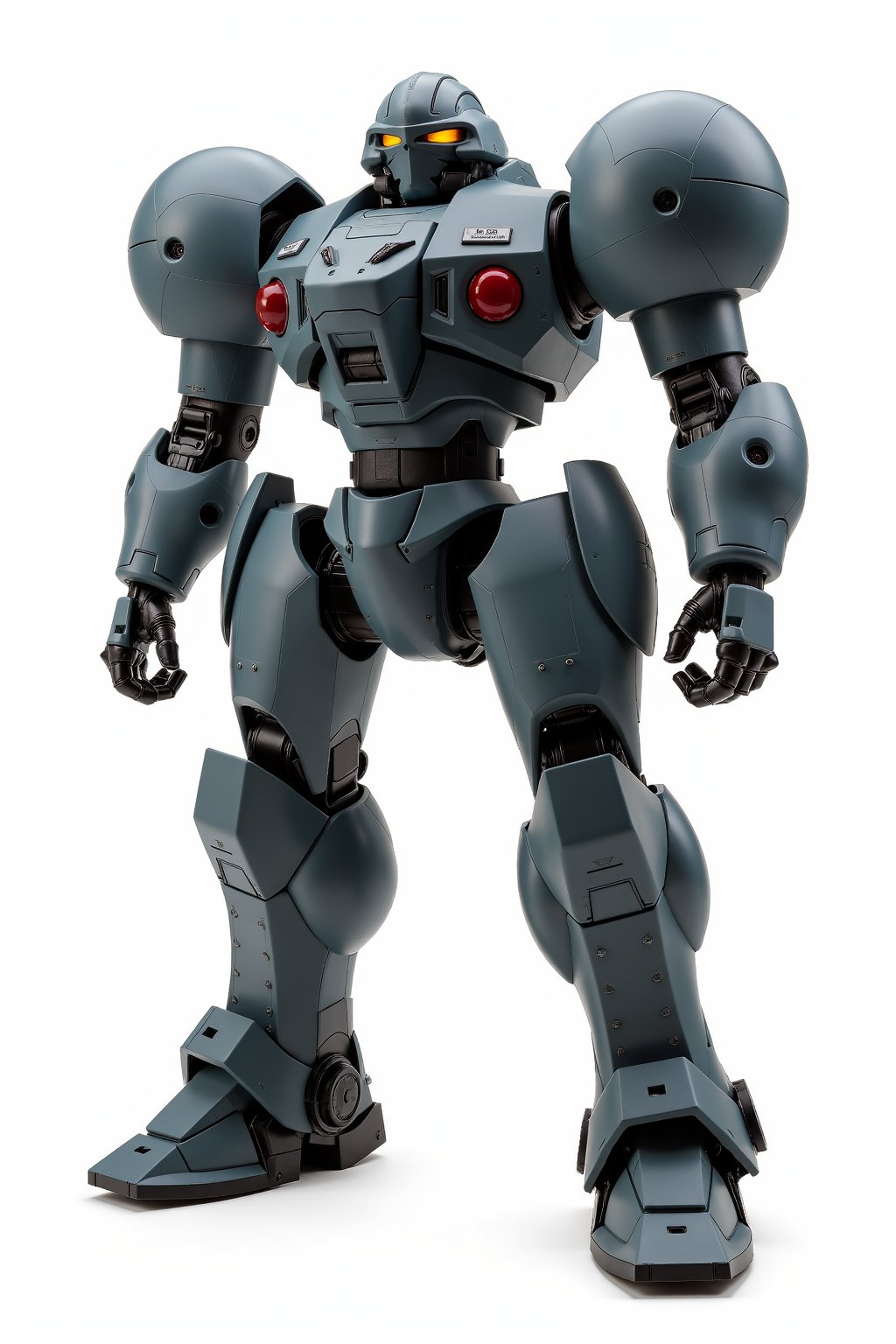 Full body image of Robotech battledroid with dark grey armour, very detailed armour plating, Its rounded helmet like head and large rounded shoulders, Facing the camera, Standing on a plain white background, very elaborate and detailed, very fine details, very contrasted shadows, overhead lighting,MECH,COMBAT ARMOR