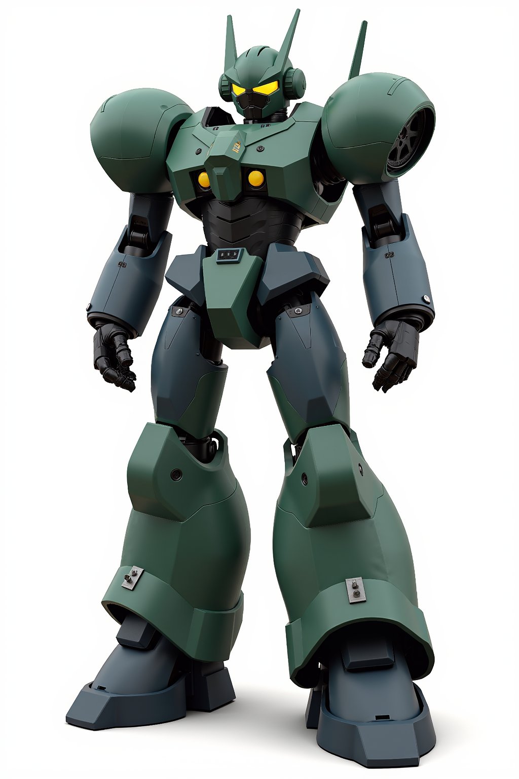 Full body image of Robotech battledroid in its humanoid form with dark grey, green and black colors, Its rounded helmet like head and large rounded shoulders, Facing the camera, Standing on a plain white background, very elaborate and detailed, very fine details, very contrasted shadows, overhead lighting,MECH,COMBAT ARMOR