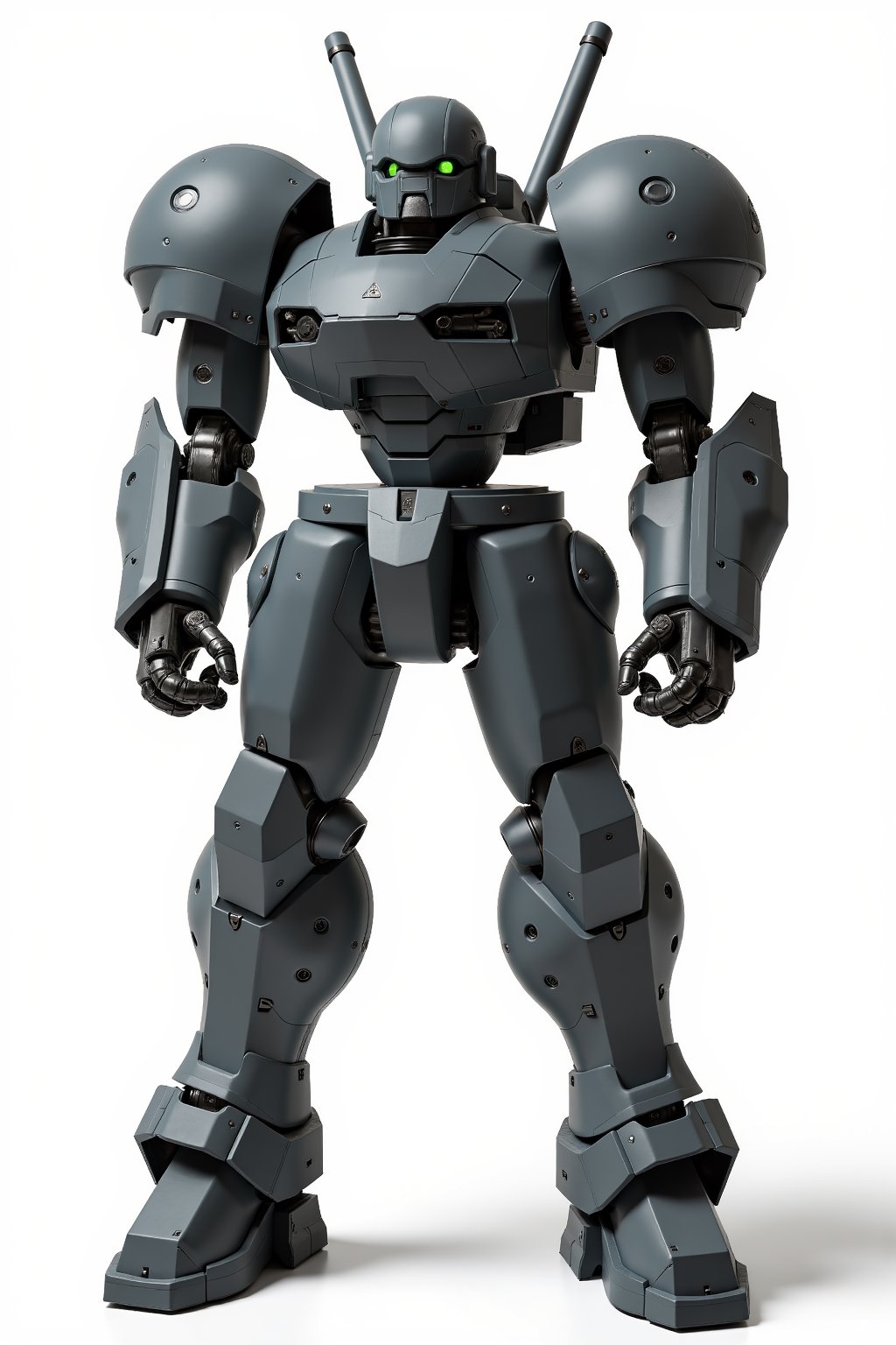 Full body image of Robotech battledroid with dark grey armour, very detailed armour plating, Its rounded helmet like head and large rounded shoulders, Facing the camera, Standing on a plain white background, very elaborate and detailed, very fine details, very contrasted shadows, overhead lighting,MECH,COMBAT ARMOR