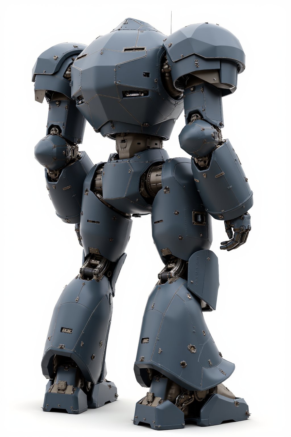 Full body image of Robotech battledroid with dark grey armour, very detailed metal armour plating, Its rounded helmet like head and large rounded shoulders, Facing the camera, Standing on a plain white background, very elaborate and detailed, very fine details, very contrasted shadows, overhead lighting,MECH,COMBAT ARMOR