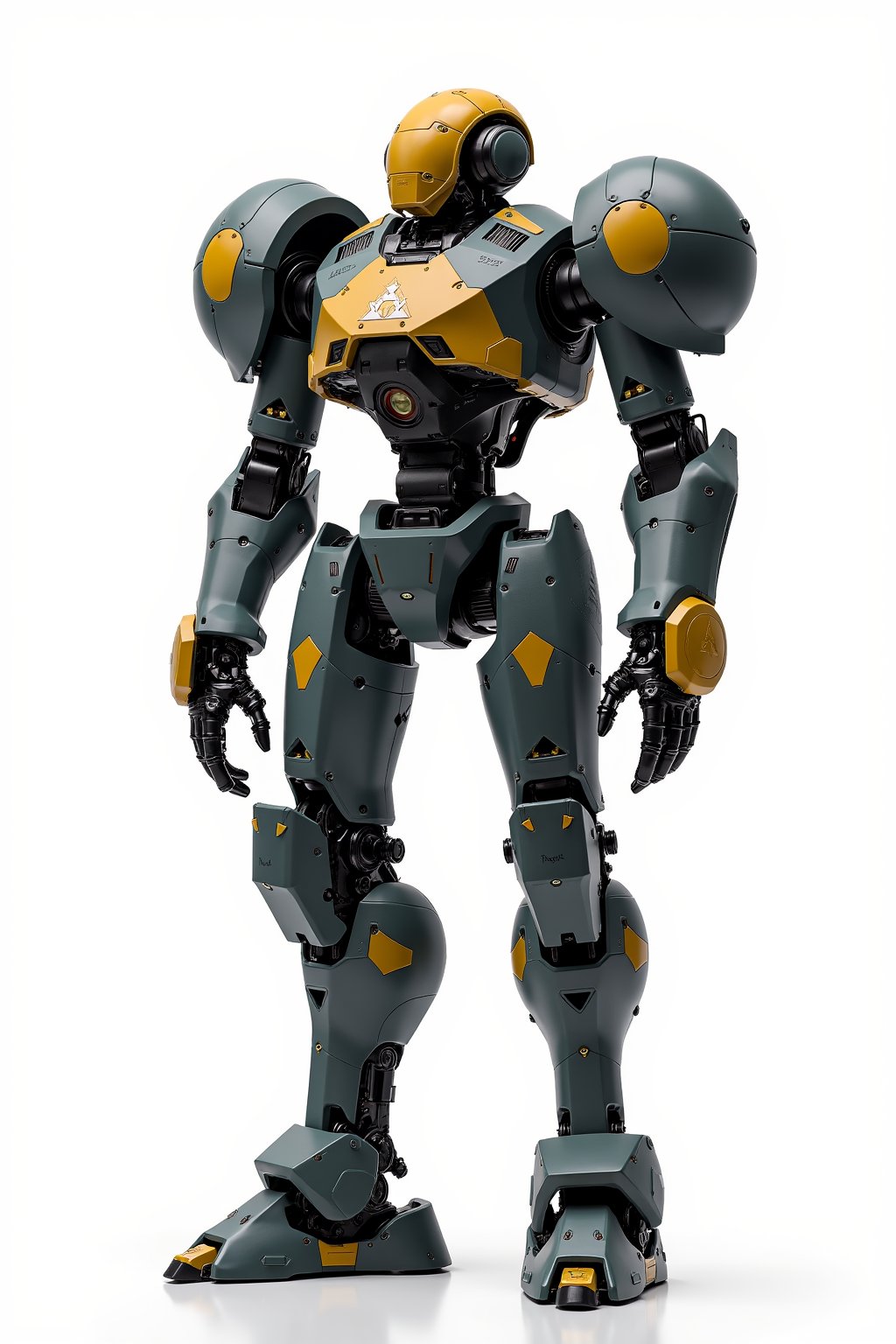 Full body image of Macroos battledroid in its humanoid form with dark grey, yellow and black colors, Its rounded helmet like head and large rounded shoulders, Standing on a plain white background, very elaborate and detailed, very fine details, very contrasted shadows, overhead lighting,MECH,COMBAT ARMOR