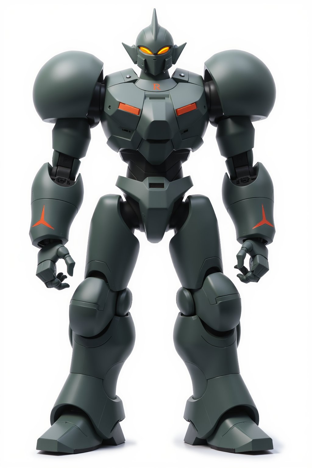 Full body image of Robotech battledroid in its humanoid form with dark grey armour, Its rounded helmet like head and large rounded shoulders, Facing the camera, Standing on a plain white background, very elaborate and detailed, very fine details, very contrasted shadows, overhead lighting,MECH,COMBAT ARMOR