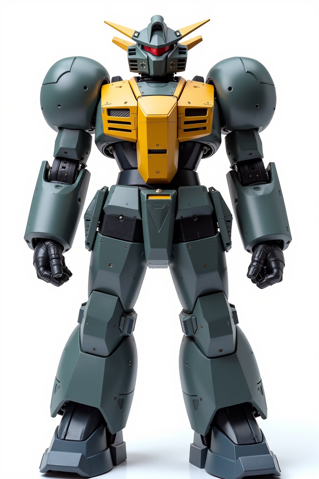 Full body image of Macross battledroid in its humanoid form with dark grey, yellow and black colors, Its rounded helmet like head and large rounded shoulders, Facing the camera, Standing on a plain white background, very elaborate and detailed, very fine details, very contrasted shadows, overhead lighting,MECH,COMBAT ARMOR