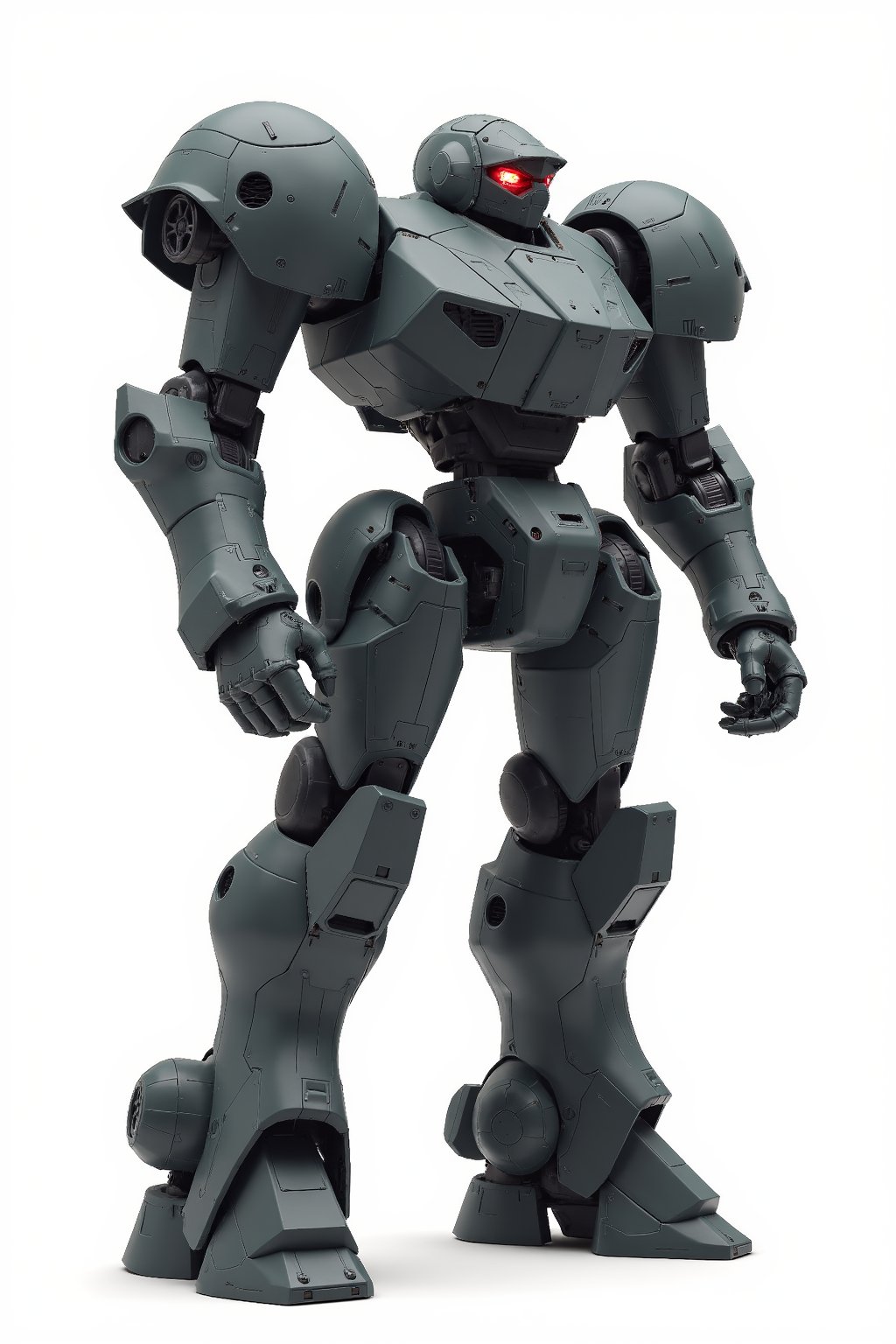 Full body image of Robotech battledroid with dark grey armour, very detailed metal armour plating, Its rounded helmet like head and large rounded shoulders, Facing the camera, Standing on a plain white background, very elaborate and detailed, very fine details, very contrasted shadows, overhead lighting,MECH,COMBAT ARMOR