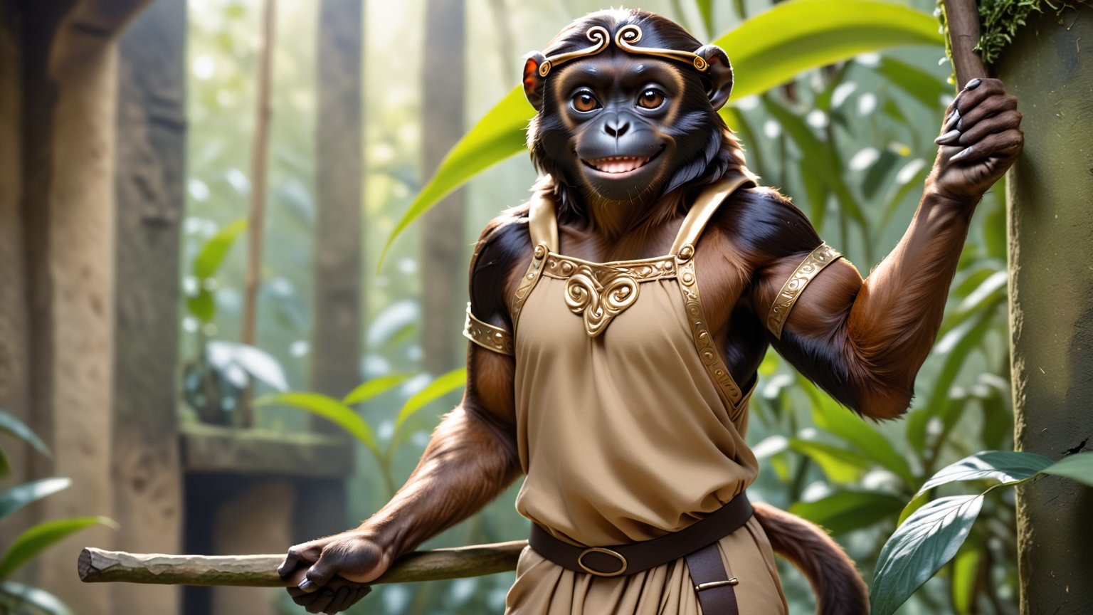 Epic full body photo insane details, 
A little thin brown bonobo anthro with brown eyes in a realistic furry style, with a handsome, happy smile, dressed in very simple style medieval tunic, wearing a tight headhoop on head ,
holds up a beautifully carved long stick in his right hand. 
His left hand is tucked out of sight in his pocket. 
In the background an out-of-focus jungle scene, detailed eyes, fantasy style, smirking, full_body.
anthro,wearing a tight headhoop on head