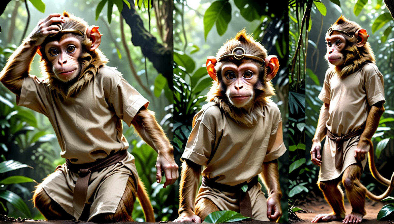 A brown juvenile male monkey dressed in very simple style plain cloth tunic, in a realistic furry style, 
looked naughty, photorealistic,  
jungle scene,wearing a tight headhoop on head ,