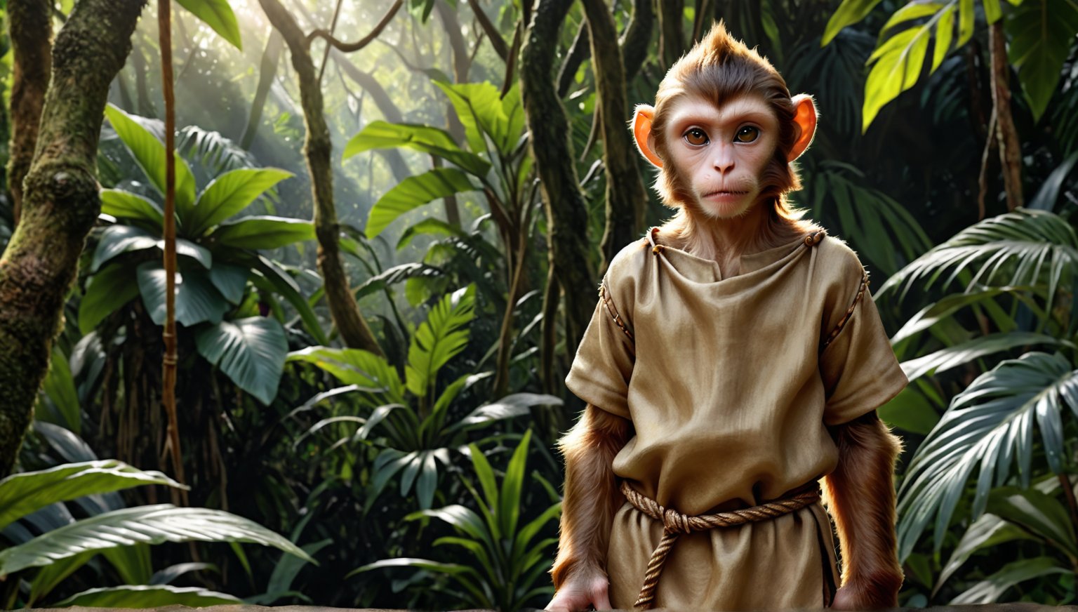 A brown juvenile male monkey dressed in very simple style plain cloth medieval tunic, in a realistic furry style, 
photorealistic,  
jungle scene,