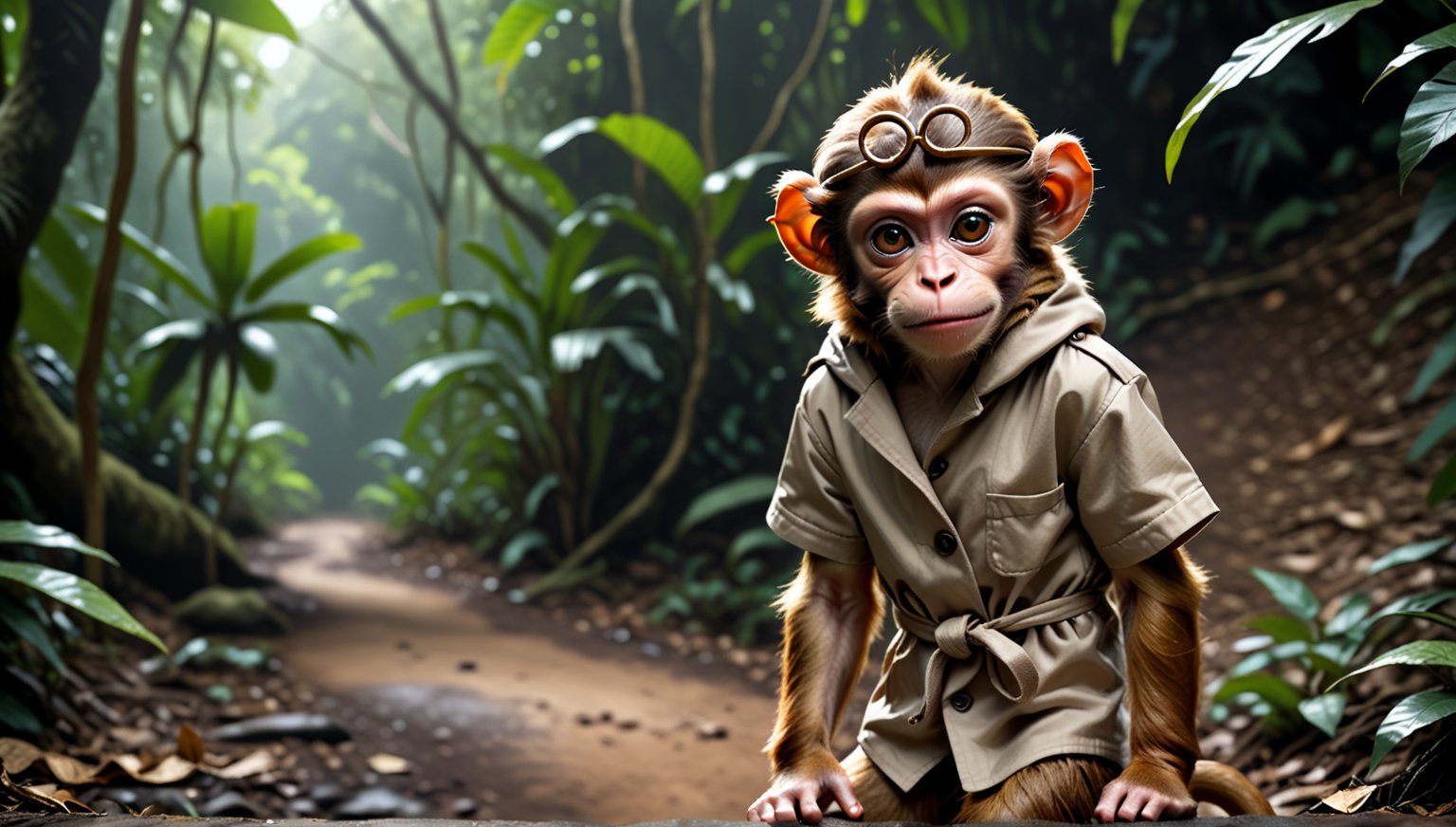 A brown juvenile male monkey dressed in very simple style short-sleeved cloth coat, in a realistic furry style, 
funny face, photorealistic,  
jungle scene,wearing a tight headhoop on head ,