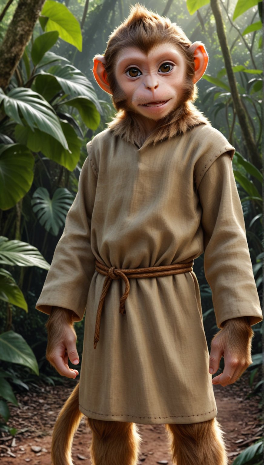 A brown juvenile male monkey dressed in very simple style plain cloth medieval tunic, in a realistic furry style, 
happy, photorealistic,  
jungle scene,