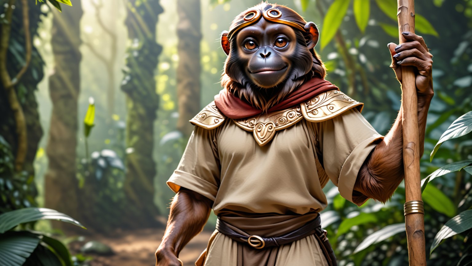 Epic full body photo insane details, 
A little thin brown bonobo anthro with brown eyes in a realistic furry style, with a handsome, happy smile, dressed in very simple style medieval tunic, wearing a tight headhoop on head ,
holds up a beautifully carved long stick in his right hand. 
His left hand is tucked out of sight in his pocket. 
In the background an out-of-focus jungle scene, detailed eyes, fantasy style, smirking, full_body.
anthro,wearing a tight headhoop on head