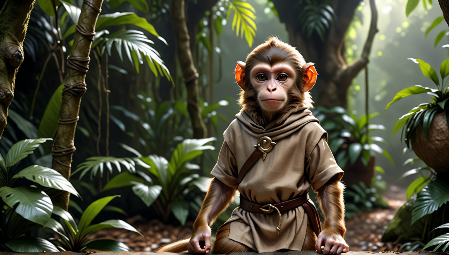 A brown juvenile male monkey dressed in very simple style plain cloth medieval tunic, in a realistic furry style, 
photorealistic,  
jungle scene,