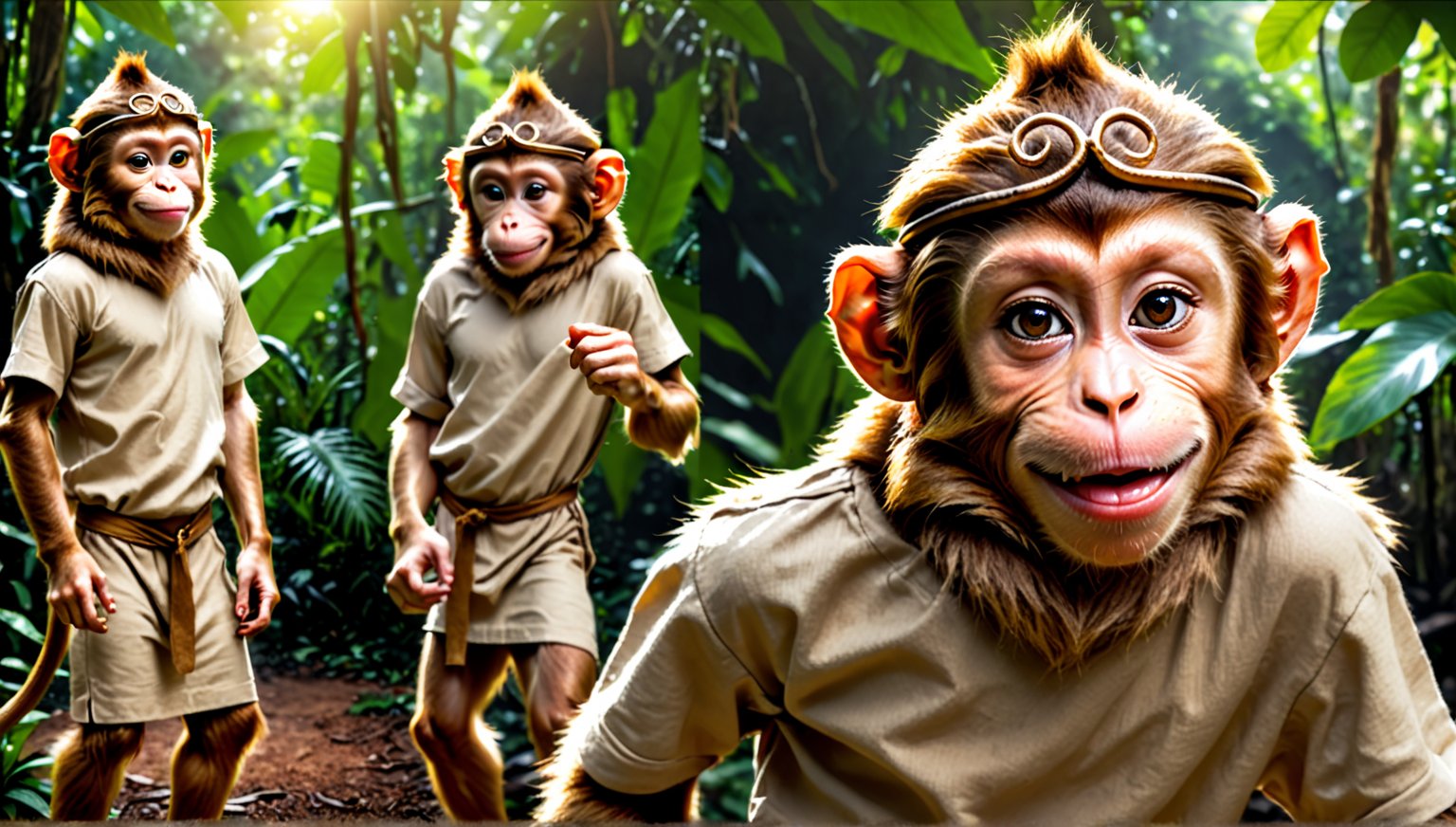 A brown juvenile male monkey dressed in very simple style plain cloth tunic, in a realistic furry style, 
happy face, photorealistic,  
jungle scene,wearing a tight headhoop on head ,