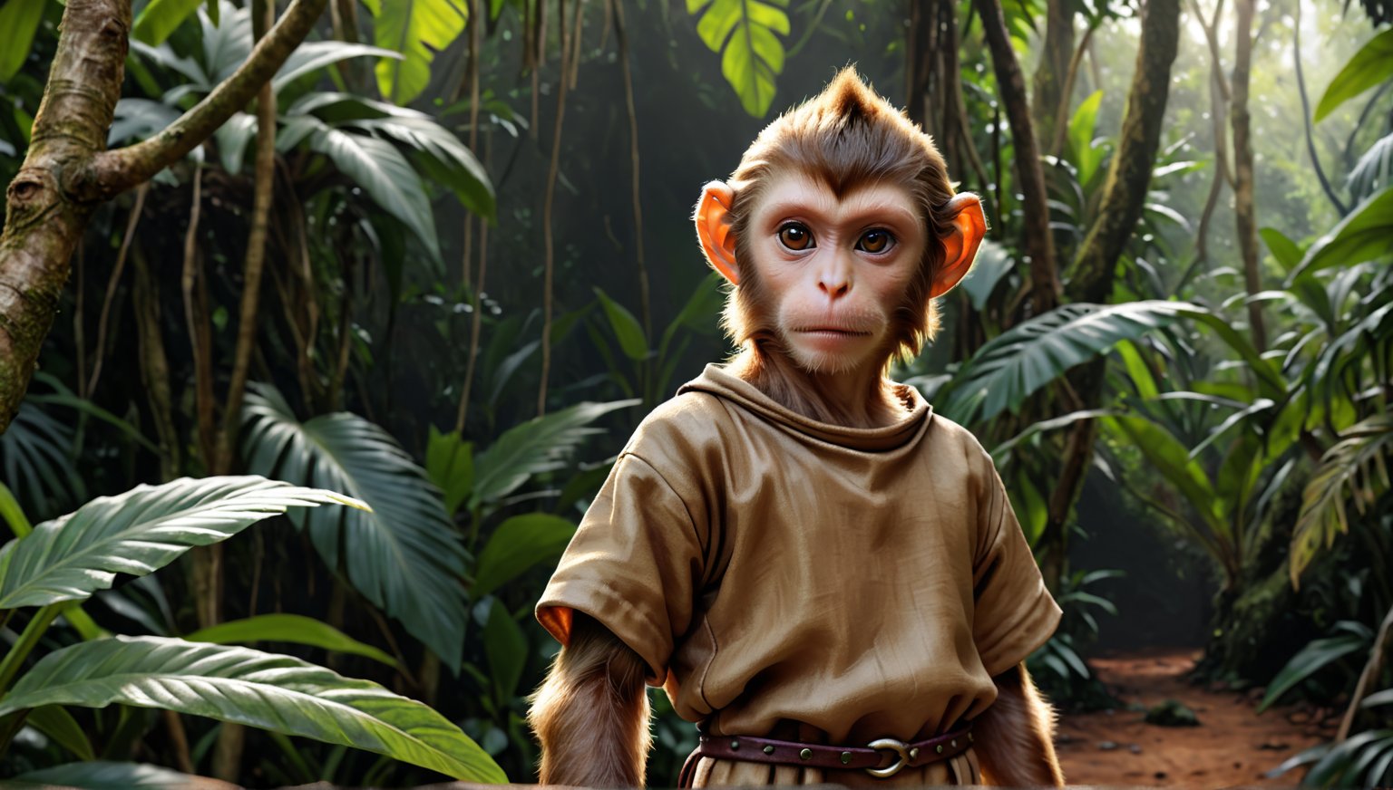 A brown juvenile male monkey dressed in very simple style plain cloth medieval tunic, in a realistic furry style, 
photorealistic,  
jungle scene,