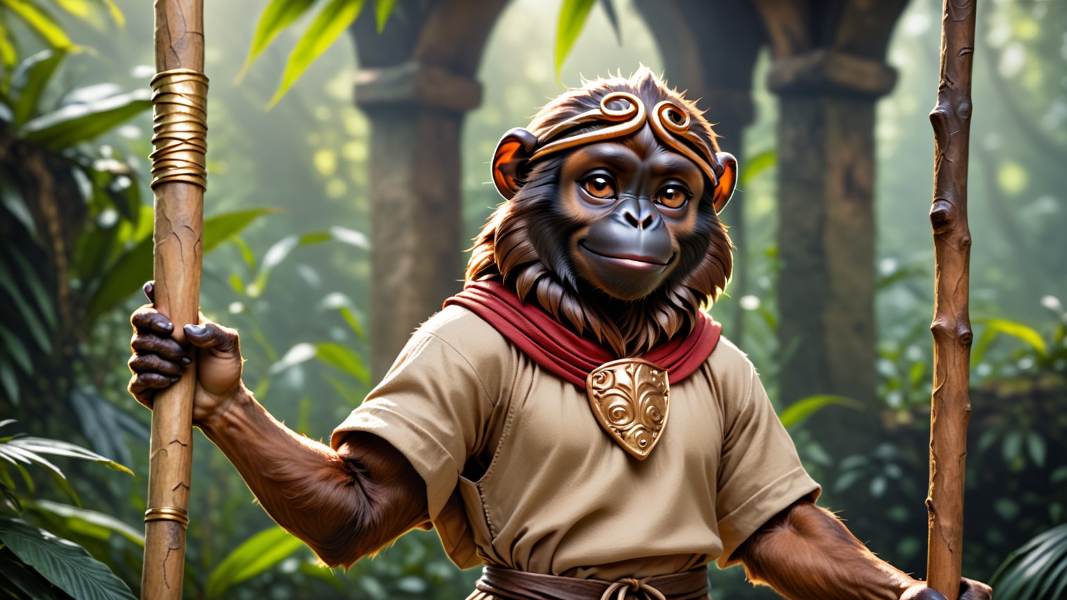 Epic full body photo insane details, 
A little thin brown bonobo anthro with brown eyes in a realistic furry style, with a handsome, happy smile, dressed in very simple style medieval tunic, wearing a tight headhoop on head ,
holds up a beautifully carved long stick in his right hand. 
His left hand is tucked out of sight in his pocket. 
In the background an out-of-focus jungle scene, detailed eyes, fantasy style, smirking, full_body.
anthro,wearing a tight headhoop on head