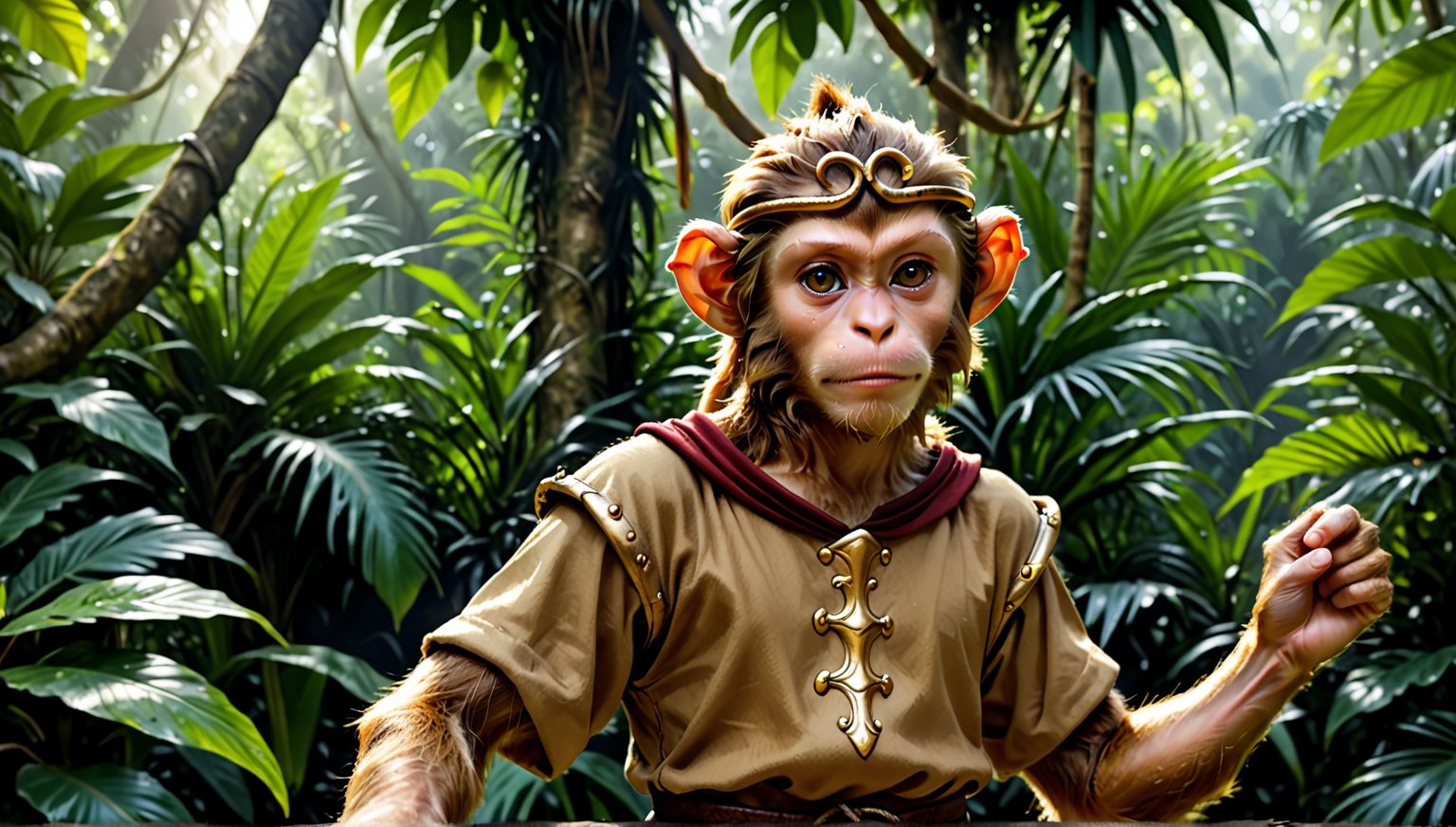 A brown juvenile male monkey dressed in very simple style medieval tunic, in a realistic furry style, 
photorealistic,  
jungle scene,wearing a tight headhoop on head ,