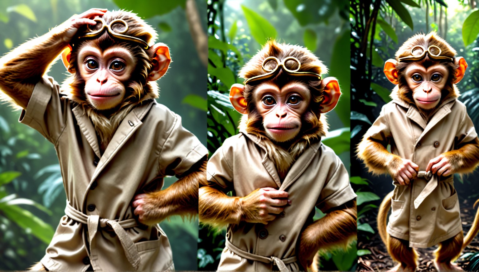 A brown juvenile male monkey dressed in very simple style short-sleeved cloth coat, in a realistic furry style, 
funny face, photorealistic,  
jungle scene,wearing a tight headhoop on head ,