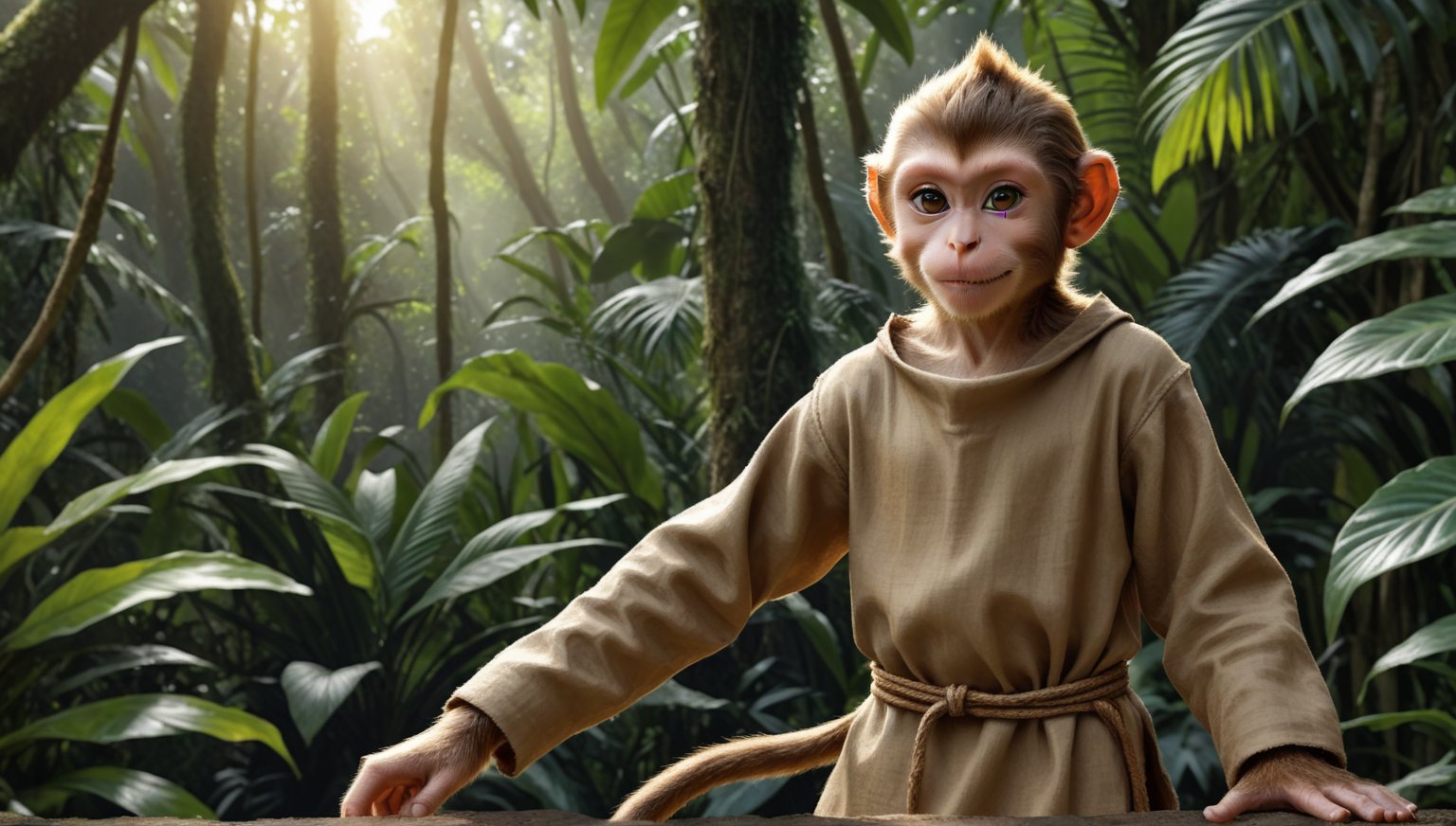 A brown juvenile male monkey dressed in very simple style plain cloth medieval tunic, in a realistic furry style, 
happy, photorealistic,  
jungle scene,