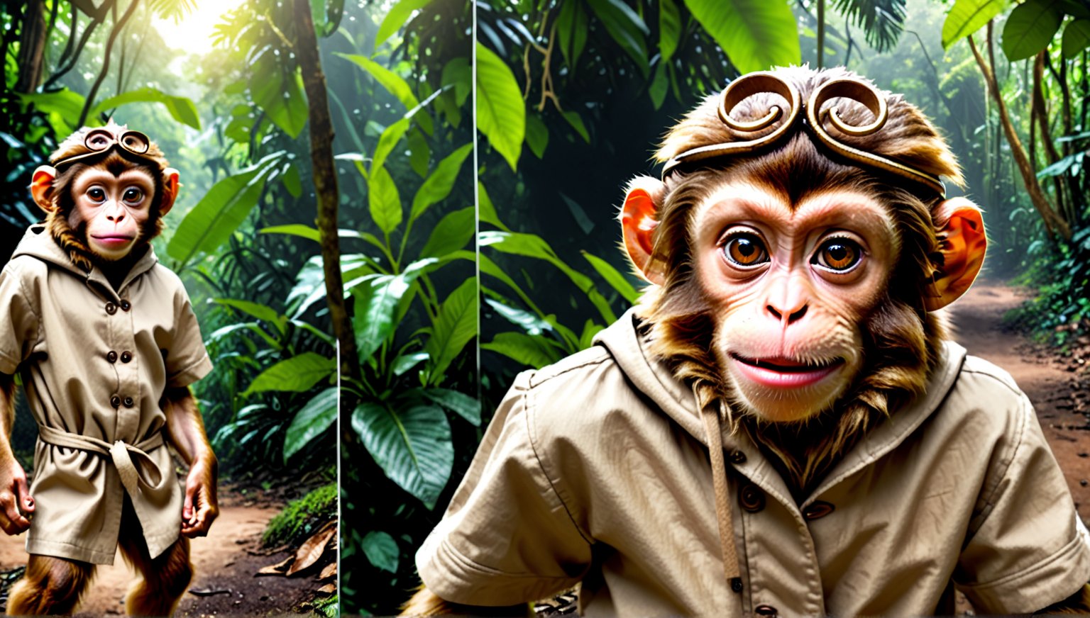 A brown juvenile male monkey dressed in very simple style short-sleeved cloth coat, in a realistic furry style, 
funny face, photorealistic,  
jungle scene,wearing a tight headhoop on head ,