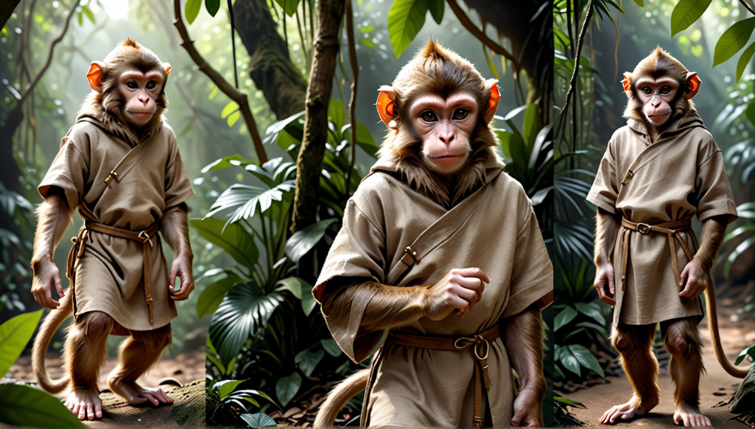 A brown juvenile male monkey dressed in very simple style plain cloth medieval tunic, in a realistic furry style, 
looked naughty, photorealistic,  
jungle scene,