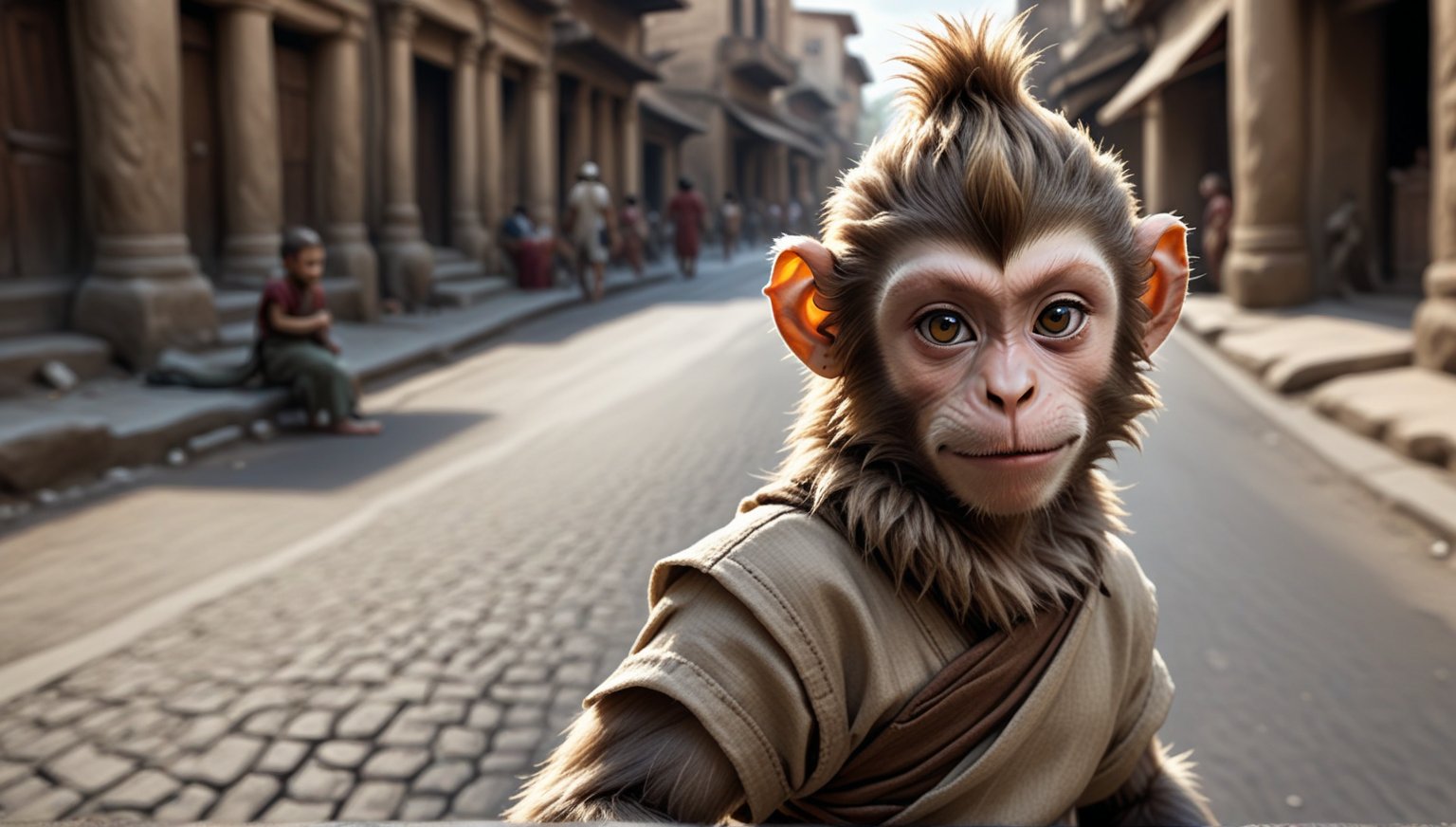 A juvenile male monkey dressed in very simple style plain cloth tunic, in a realistic furry style, 
happy, detailed eyes, photorealistic,  
and it has a mohawk-like texture on its head .
Scene on the streets of ancient times.