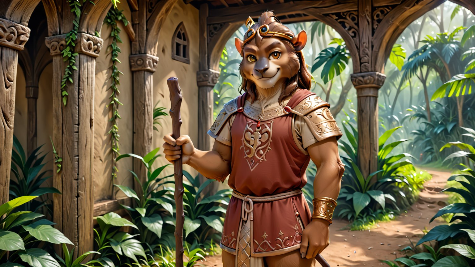 Epic full body photo insane details, 
A little thin brown bonobo anthro with brown eyes in a realistic furry style, with a handsome, happy smile, dressed in very simple style medieval tunic, wearing a tight headhoop on head ,
holds up a beautifully carved long stick in his right hand. 
His left hand is tucked out of sight in his pocket. 
In the background an out-of-focus jungle scene, detailed eyes, fantasy style, smirking, full_body.
anthro,wearing a tight headhoop on head