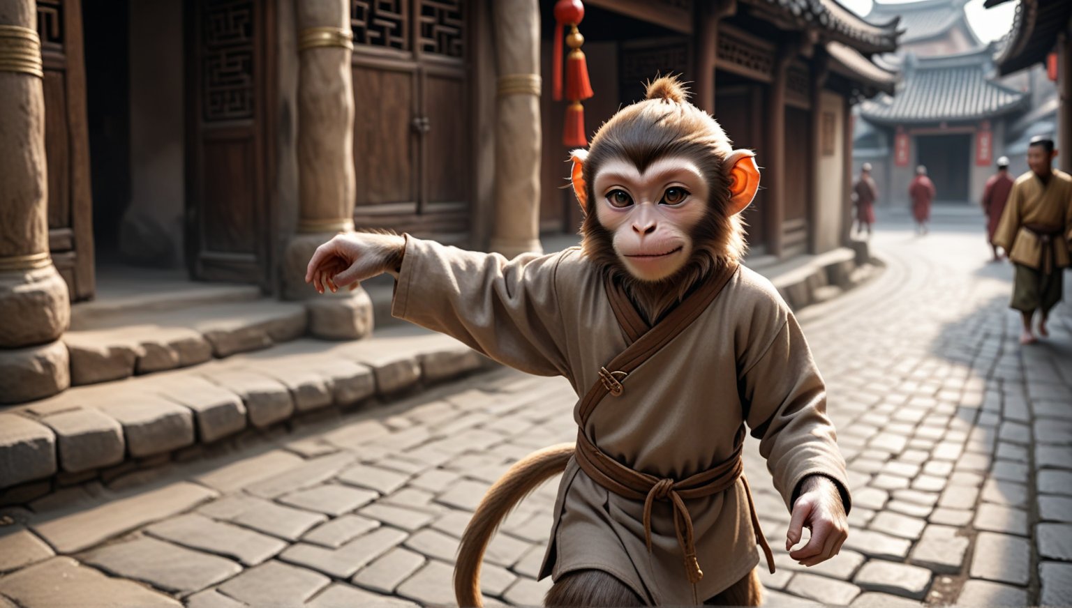 A brown juvenile male monkey dressed in very simple style plain cloth medieval tunic, in a realistic furry style, 
happy, photorealistic,  
Scene on the streets of ancient China,