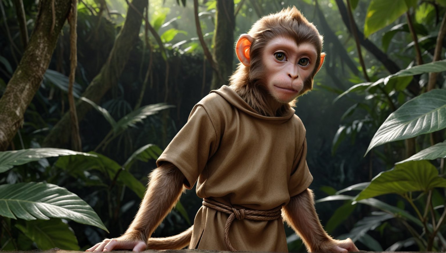 A brown juvenile male monkey dressed in very simple style plain cloth medieval tunic, in a realistic furry style, 
photorealistic,  
jungle scene,